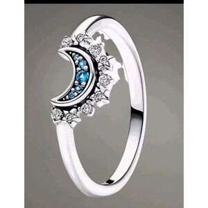 Authentic Pandora #192675C01-50 Celestial Blue Sparkling Moon Ring Size 5.5